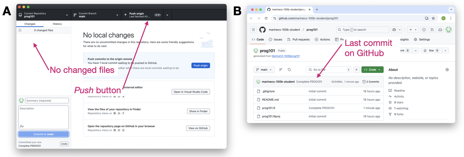 Screenshots of GitHub Desktop and a browser showing the push command